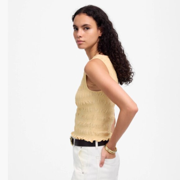 Madewell Smocked Boatneck Linen Blend Tank Top NWT in Pale Chamois Small - Picture 3 of 11